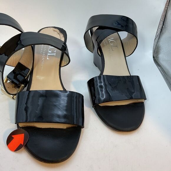 AGL LADIES SHOES 37 1/2 black patent strappy capsule heels sandals minimalist - Picture 11 of 13